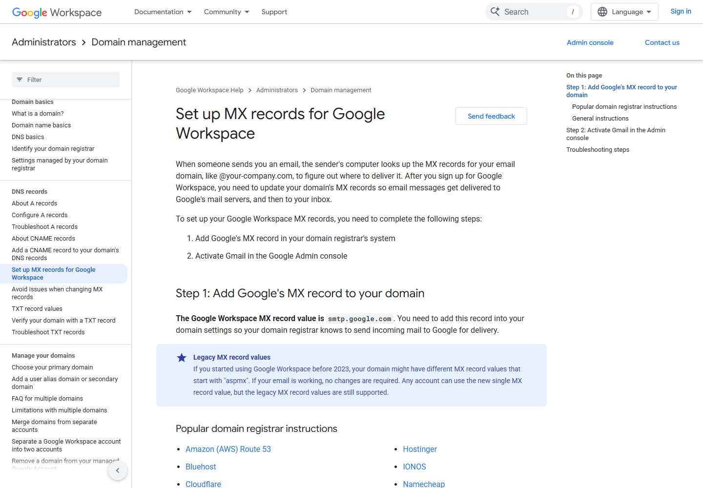 Google Workspace 官方 MX 记录设置帮助页面截图