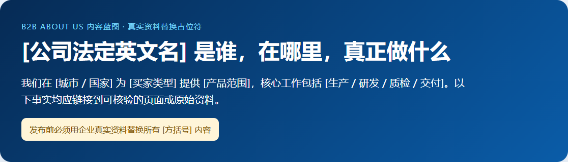实际制作的 About Us 页面首屏蓝图展示公司身份地点服务对象和业务范围占位符