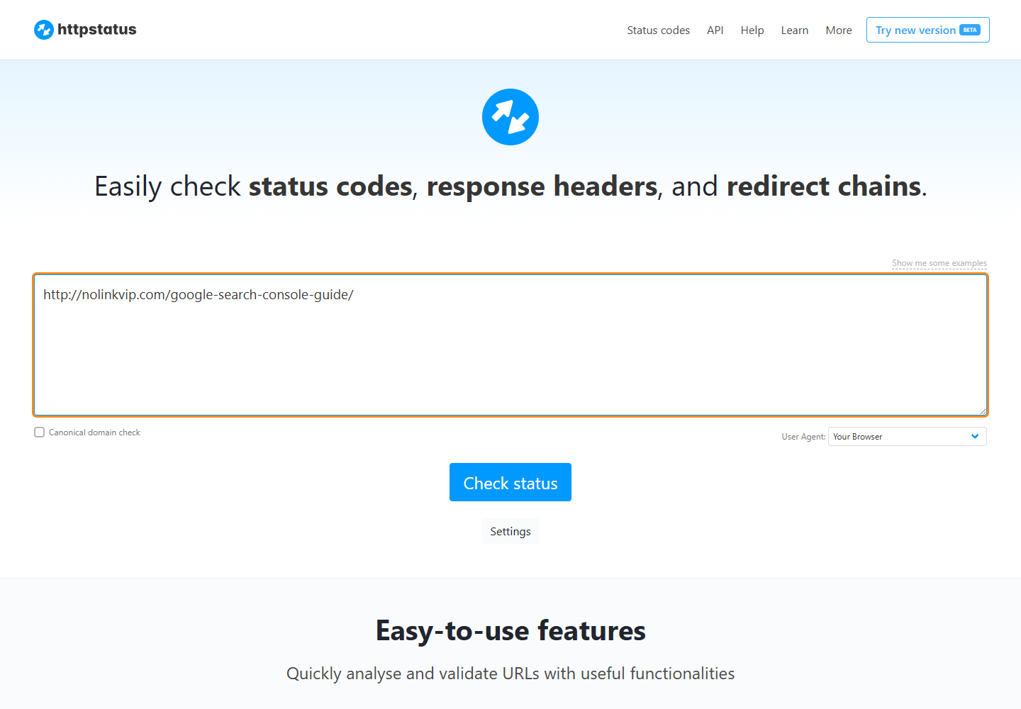 HTTPStatus 工具中输入本站公开 HTTP 网址并准备点击 Check status 的真实操作截图