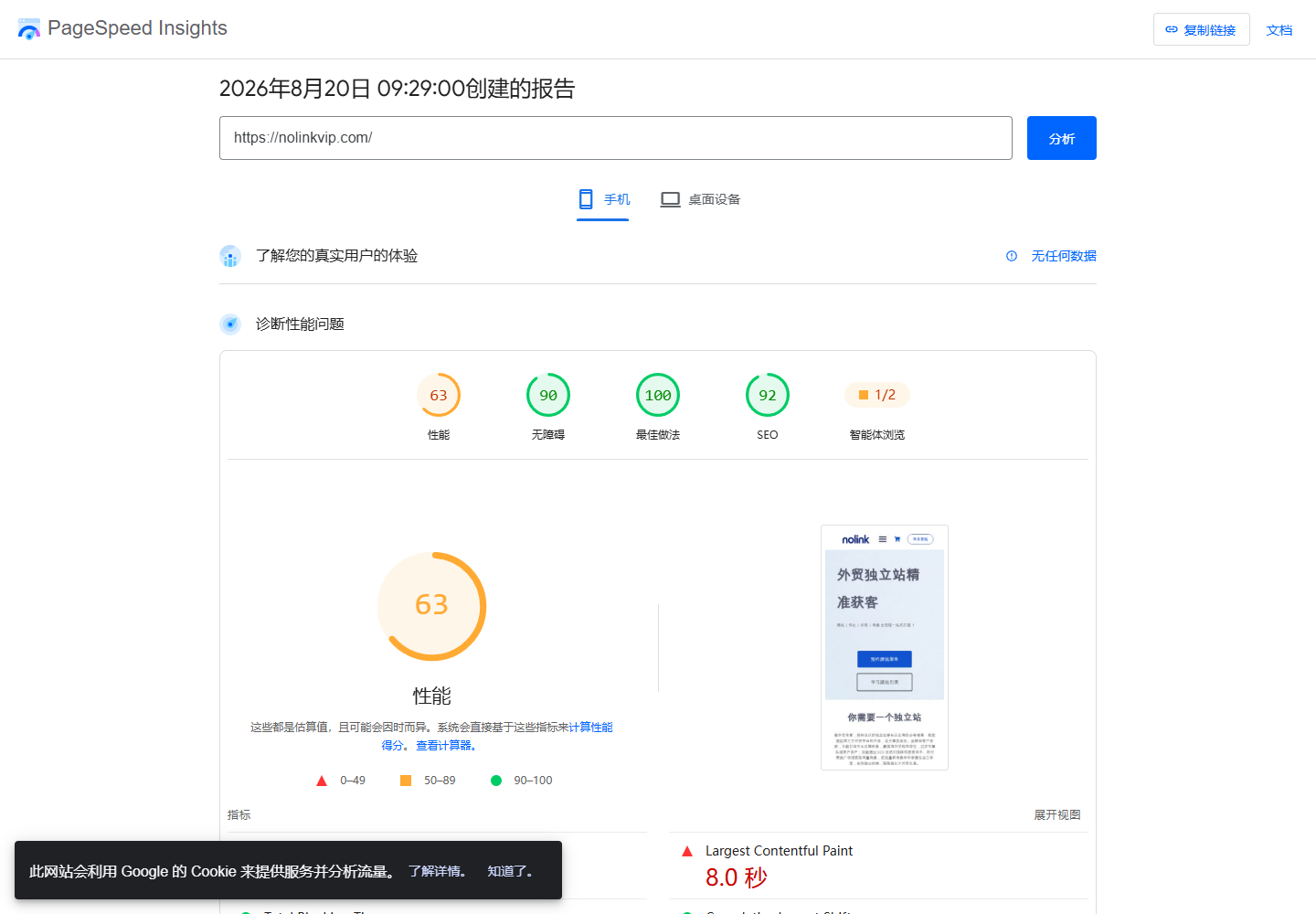 2026 年 8 月 20 日 PageSpeed Insights 对 nolinkvip.com 首页生成的移动端实验室报告