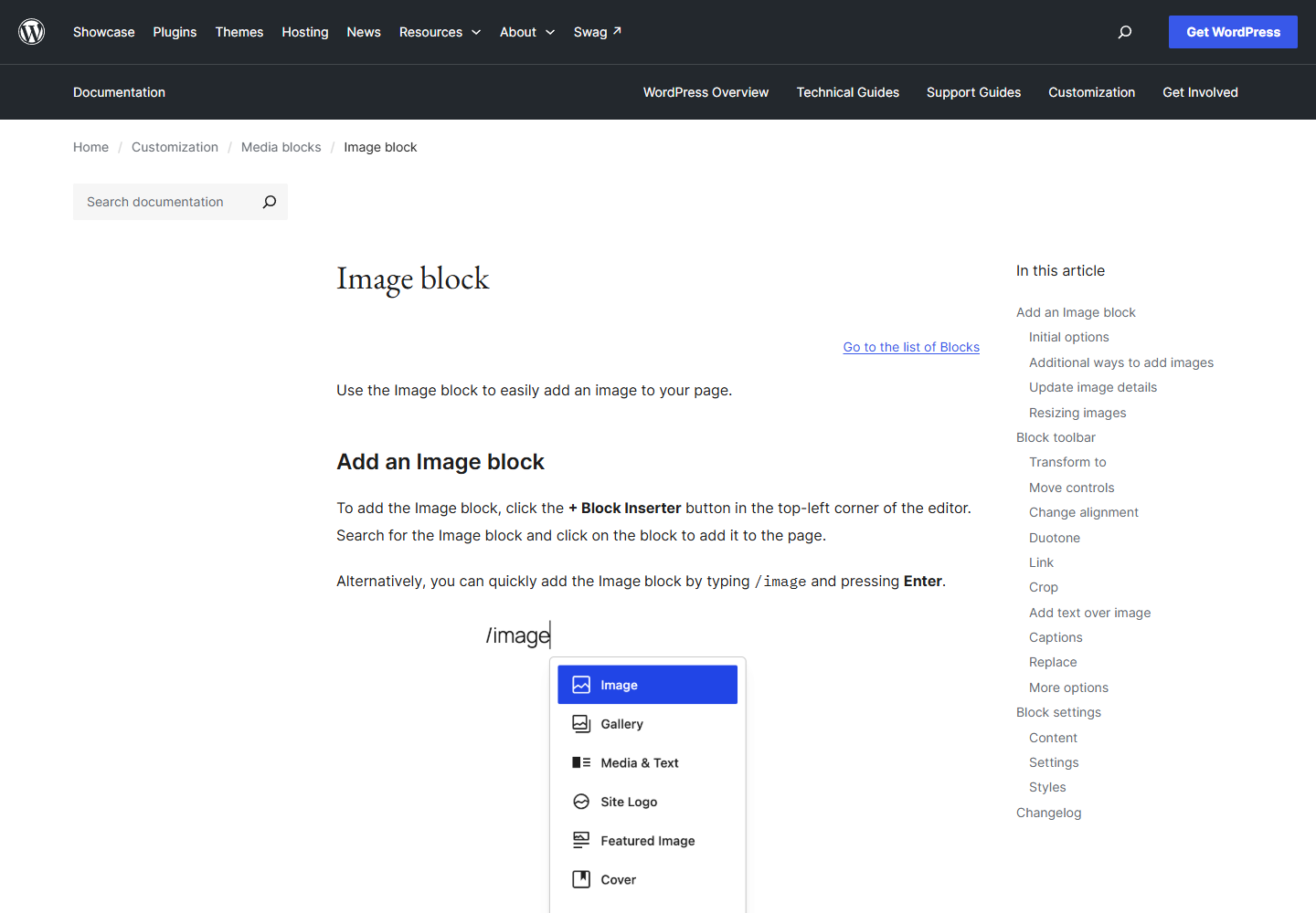 2026 年 8 月 WordPress 官方 Image block 图片区块操作文档页面