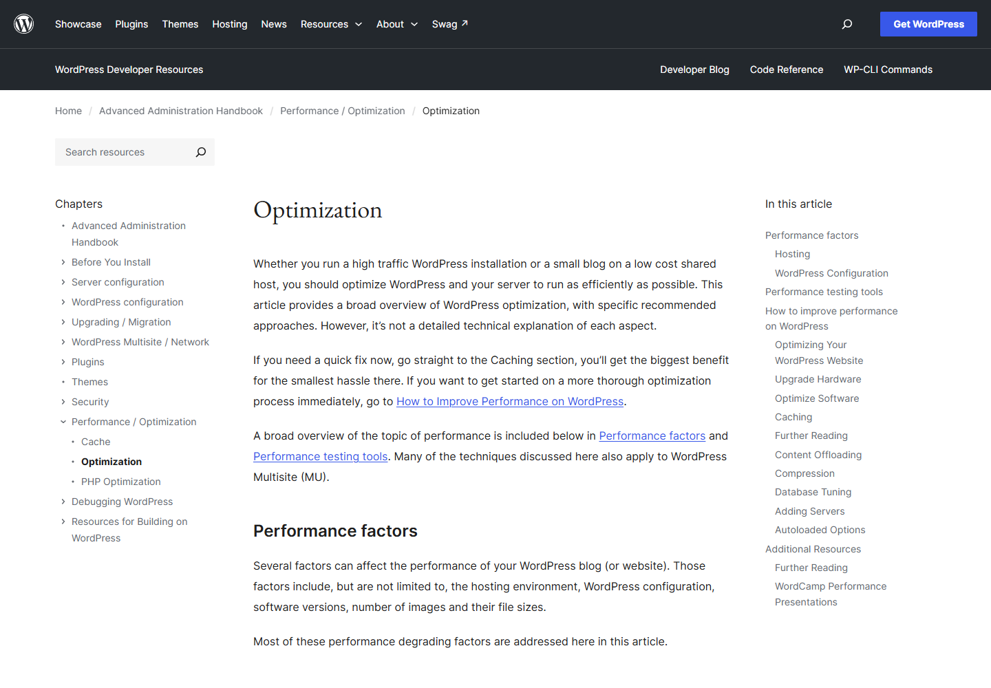 2026 年 8 月 WordPress 官方 Optimization 性能优化文档页面