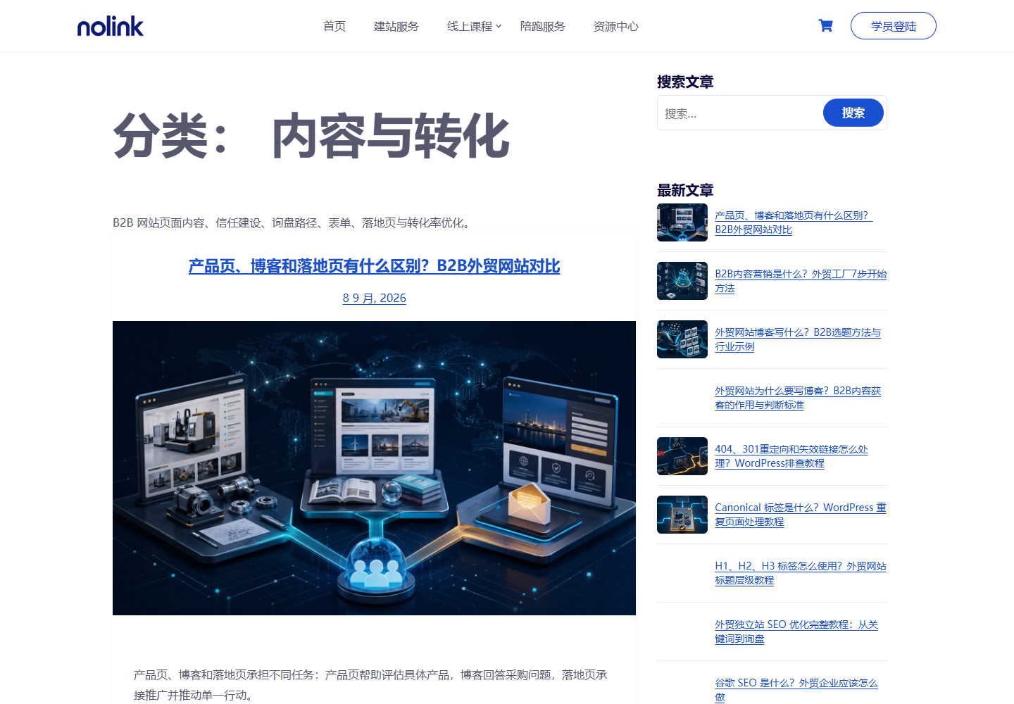 2026年9月9日nolinkvip网站内容与转化分类页显示分类说明和文章列表的真实截图