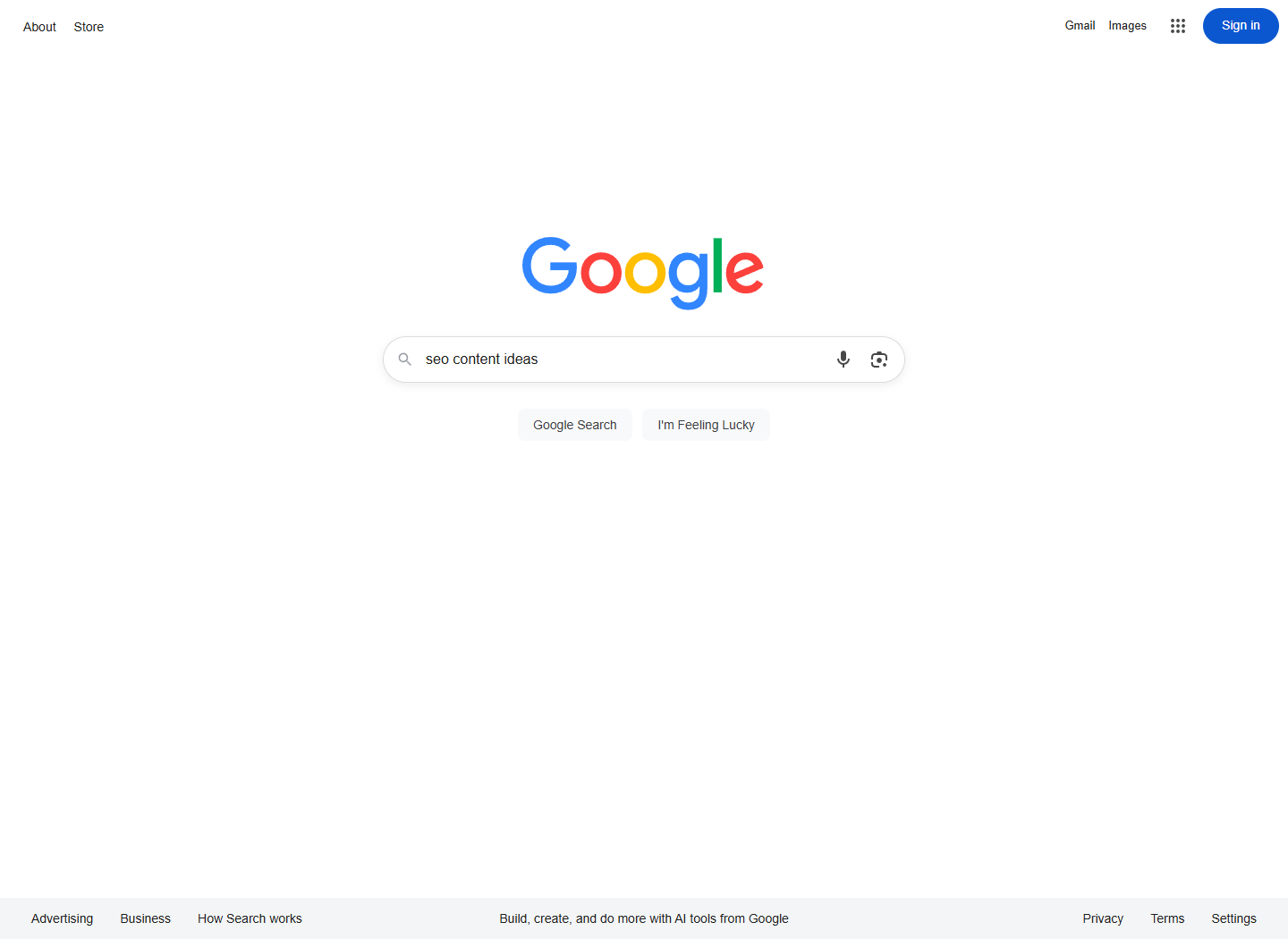 2026年9月15日在Google搜索框输入seo content ideas进行需求研究的真实截图