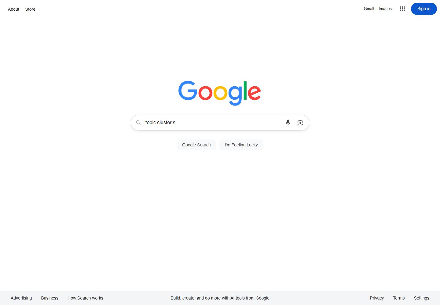 2026年9月9日在Google搜索框实际输入topic clusters进行需求研究的真实截图