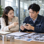 外贸市场人员与工厂工程师共同审核产品资料并准备数字公关内容的原创配图