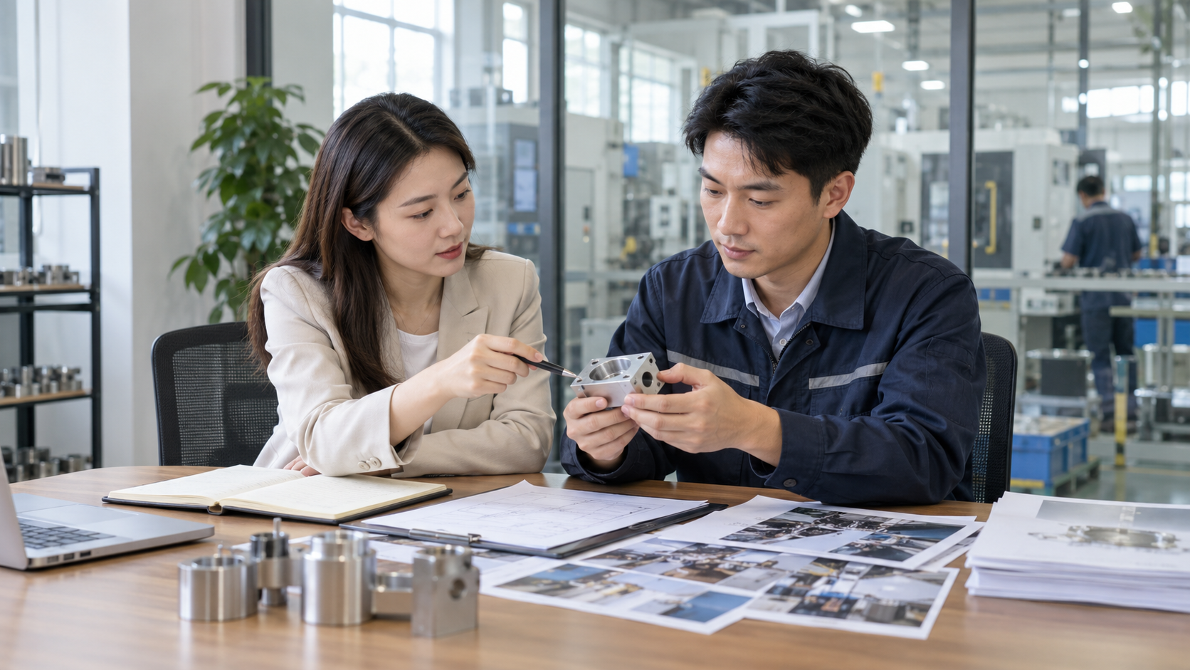 外贸市场人员与工厂工程师共同审核产品资料并准备数字公关内容的原创配图