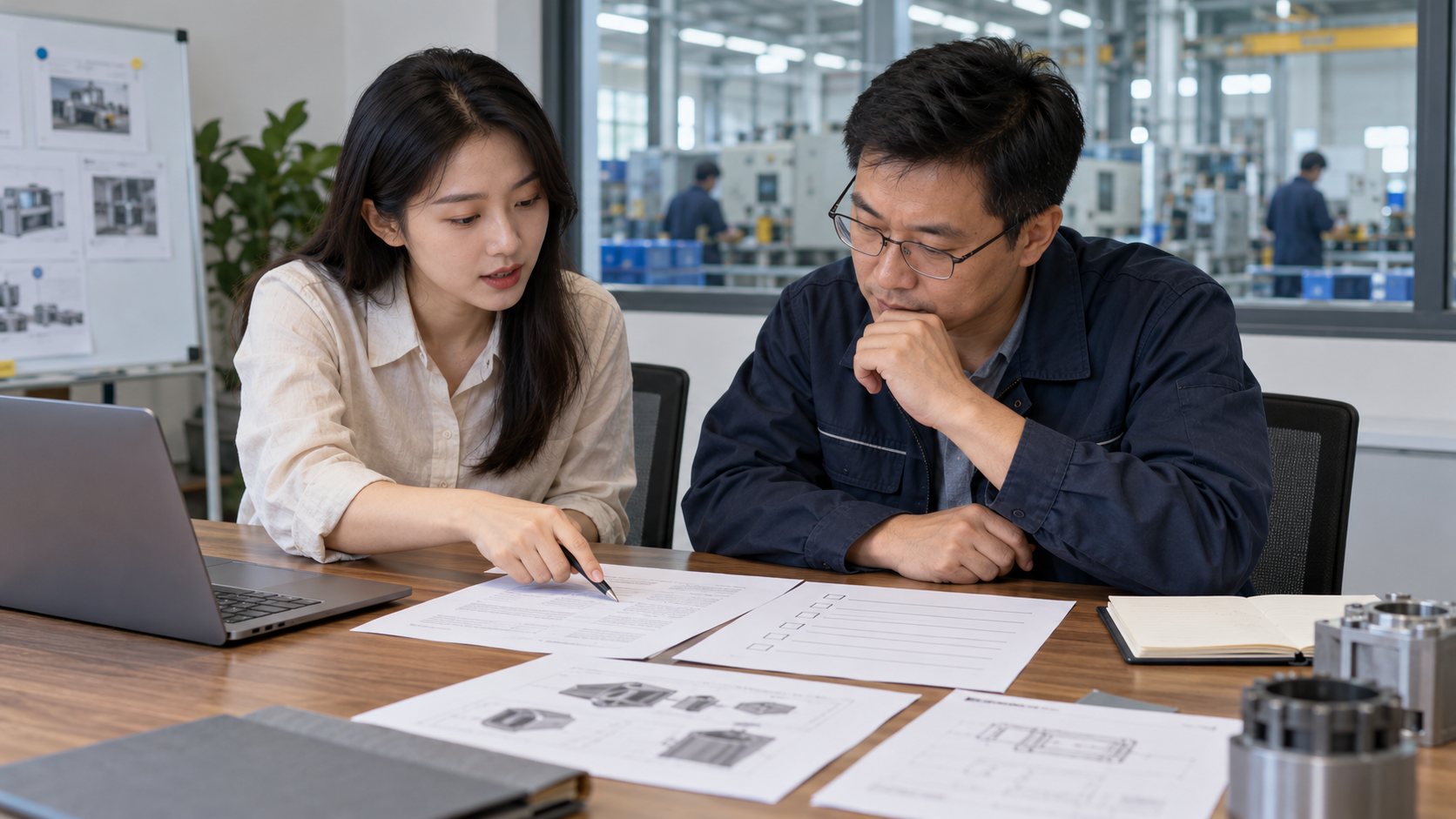 外贸市场人员与工厂工程师共同审核赞助合作条款和链接政策的原创配图