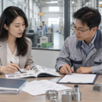 外贸市场人员与工厂工程师共同审核供应商协会和技术伙伴合作资料的原创配图